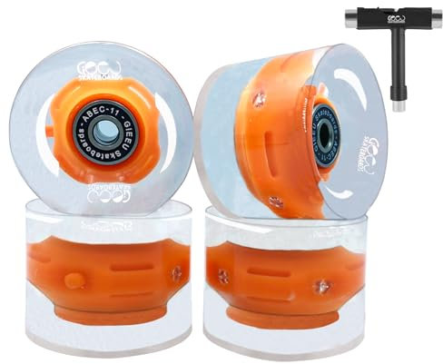 GIEEU Roues de Skateboard 60mm Lumineuses 80A pour Longboard et Rue - Transparent, Lot de 4 (wh-Orange-T)