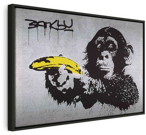 B&D XXL Bilder mit Rahmen 90x60 cm Wandbilder groß Leinwandbild XXL schwarzer Holzrahmen modern Wanddekoration Kunstdruck Wanddeko Wohnzimmer Banksy Monkey with Banana Gun Affe mit bananen Pistole