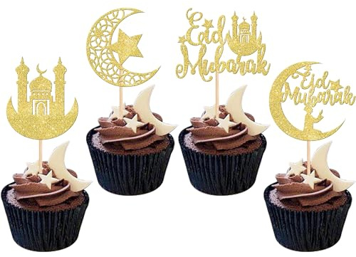 Xsstarmi 24 Pack Eid Mubarak Cupcake Toppers - Glitter Gold Moon and Star - Eid Islamic Muslim Theme Party Cake Decorations