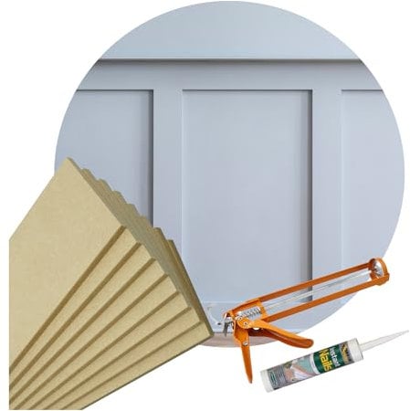 Shaker Style Ultimate (No Stress) Wall Panelling Kit Pk 10 1000 x 100 x 9mm Vertical MDF + 10 x 500 x 100 x 9mm Horizontal MDF Panels, Feature Wall Stripwood Pack & Adhesive Included + Sealant-Gun