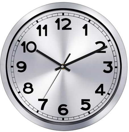 Plumeet Wall Clock, 12 Inch Battery Operated Wall Clock with Silver Aluminum Frame, Non Ticking Silent Metal Wall Clocks Decorative Kitchen Living Room Bedroom