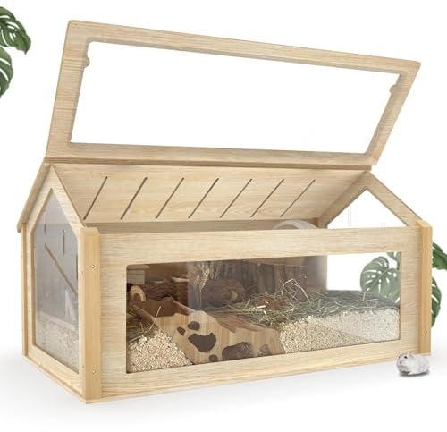 noviclass® Hamsterkäfig Glas Theodore - Hamstervilla aus Lindenholz und Acrylglas - 100 x 55 x 50cm - Inkl. Hamsterrad - Nagarium- - Ausreichende Belüftung - Klappbarer Deckel