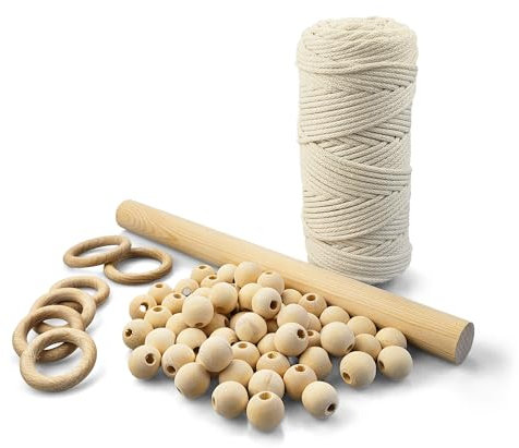Netuno Makramee Set für Anfänger mit Anleitung Baumwollkordel Elfenbein Holzringe Holzperlen Holzstab für Wandbehang Blumenampel Pflanzenaufhänger Makramee-DIY-Set zum Selbermachen Makramee Knüpf-Set