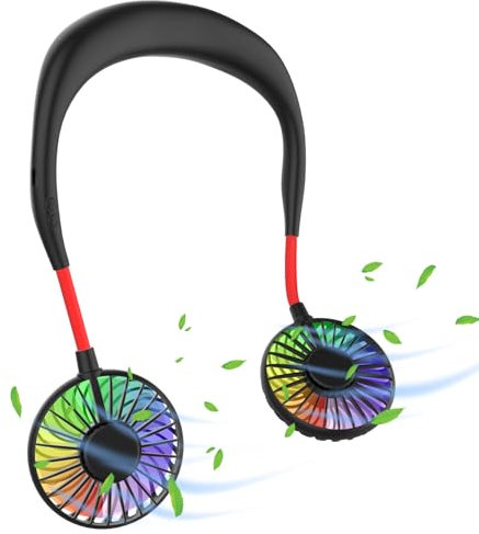Ultralent Ventilateur de cou USB - Silencieux - 3 vitesses - Lumière LED - Portable - Pour l'extérieur, l'intérieur, le camping, les voyages, le sport - Noir et rouge