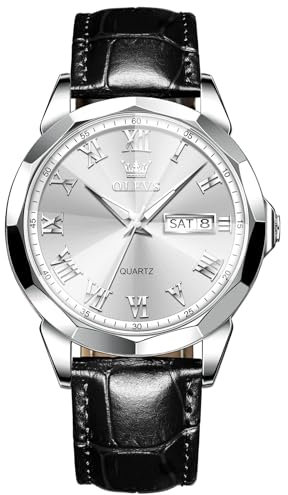 OLEVS Watch for Men Großes Gesicht Schwarz Lederarmband Quarzuhren Römische Ziffern Leicht Zu Lesen Herren Kleid Uhr Stylish Leuchtend Wasserdicht Tag Datum Lederuhren für Herren