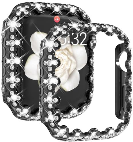 Fullife Custodie brillanti compatibili con Apple Watch 44 mm Serie 6/5/4/SE (2023-2020) senza pellicola protettiva per donne, custodia protettiva complessiva con diamanti per iWatch 44 mm, nero