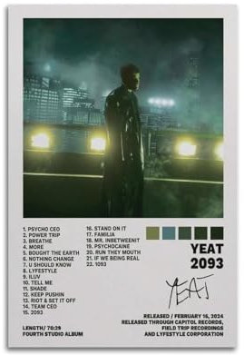 MHSSGHG Yeat Posterdruck, Wanddekoration, Kunstdekoration, Leinwandposter, ästhetisches Poster für Schlafzimmer, Wohnzimmer, Wand, 30 x 45 cm, ungerahmter Stil