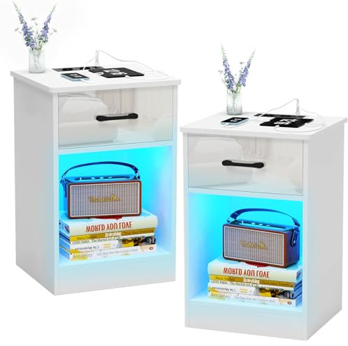 Nachttisch 2er set, Nachttisch Weiß Hochglanz mit LED, Einstellbare 16 Farben, Offenes Fach, 2 AC Steckdosen, 2 USB Anschlüsse, Beistelltisch Nachtschrank für Schlafzimmer Wohnzimmer, Modern