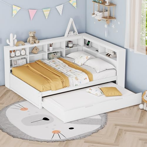 Merax Kinderbett 140 x 200 cm mit USB-Buchse, Jugendbett mit Ausziehbarem Bett 90x190 cm und Stauraum, für Kinder & Jugend, Massivholz, Weiß (Ohne Matratze)