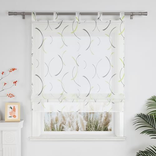 YujiaoMao Raffrollo halbtransparent modern mit stilvollem Bogenmuster ideal für Wohnzimmer und Küche als Fensterdeko Schlaufenvorhang Gardine mit Schlaufen 1 Stück,grün BxH 100x140cm