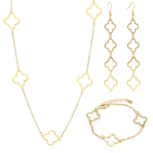 JENCVNL Gold Vierblättriges Kleeblatt Schmuckset für Damen Mädchen, Vierblättriges Kleeblatt Halskette Armband Ohrringe Vierblättriges Glücksklee Schmuckset Geschenke für Frauen Mädchen (Gold-1)