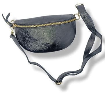 Sac Bandoulière Femme en Cuir veritable,Sac Banane, Or,irisé Sac Fanny Pack Made in Italy (Noir)