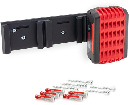 Wandhalterung für Bosch Professional 18V Akkus & PowerCore - robuste platzsparende Halterung, Aufbewahrung für 3 Akkus, 5 Schrauben, Einfache Montage mit Einrastfunktion [Made in Germay]