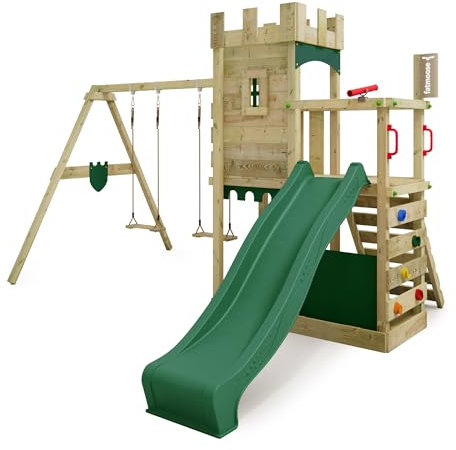 Fatmoose Aire de Jeux Château Fort BoldBaron Boost XXL avec balançoire & Toboggan Vert, extérieur Enfants Tour d'escalade avec bac à Sable échelle & Accessoires de Jeux
