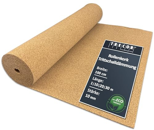TRECOR Cork Impact Sound Insulation Rolls - Thickness 10 mm - Natural and Ecological Acoustic Impact and Walking Sound Insulation for Laminate and Parquet Floors - You Buy (10 m²)