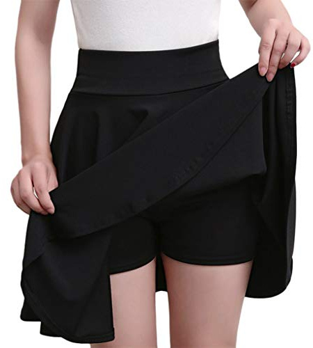 Jupe plissée décontractée pour femme, taille élastique, jupe patineuse avec short en dessous, jupe plissée de couleur unie pour le sport, vêtements d'été, Noir , XL