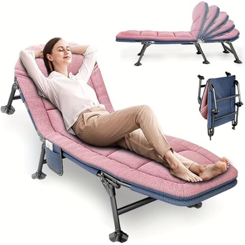 AONASRDI Lit de camping pliable pour la pêche à la carpe, chaise longue de balcon, chaise longue pliable avec sac de rangement pour adultes, pour jardin, camping, plage, patio, voyage (rose)