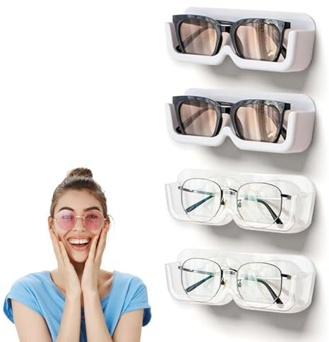 4Pcs Wall Mounted Glasses Case,Wall-Mounted Eyeglass Holder Organizer with Adhesive Strips,Sunglasses Storage.No-Drill Transparent Acrylic Sunglass Display Rack for Glasses,Space-Saving Wall Storage