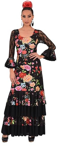 Vestido Flamenco Mujer con Volantes - Traje de Feria o Sevillanas con Mangas de Encaje y Estampado Floral