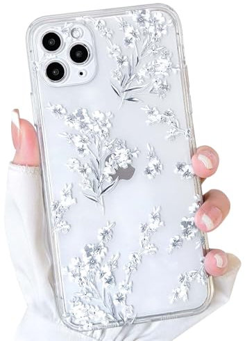 NITITOP Compatible with iPhone 11 Pro Case Cute Clear Flower Floral Branch Design for Women Girls Artistic Transparent Soft TPU Shockproof Protective Phone Cover - White
