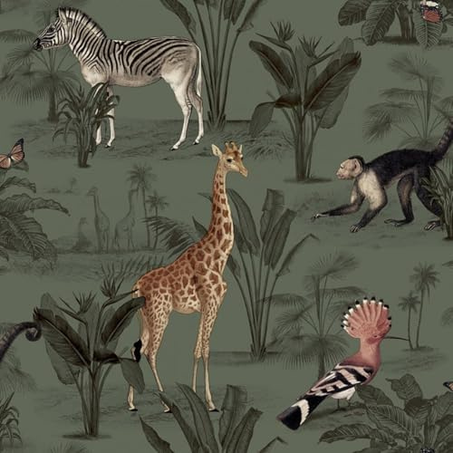 SOPHIE LAURENCE Green Tropical Floral Wallpaper Safari Monkeys Zebras Giraffe Feature Bedroom, Smooth Finish Vinyl Wall Panels for Lounge, Bedroom, Study Washable, Strippable, Non-Pasted (Full Roll)