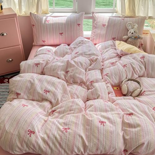 Nayoroom Bettwäsche Schleifen 135x200 2teilig Bunt Gestreift Mädchen Wende Bettbezug Renforcé Microfaser Rot Schleifenmuster Bettwäsche-Sets mit Reißverschluss und Kissenbezug 80x80 cm
