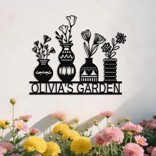 Custom Flower Vase Garden Sign,Custom Flower Metal Wall Art,Customized Vase Name Signs, Home Outdoor Metal Sign Garden Plaque style 10