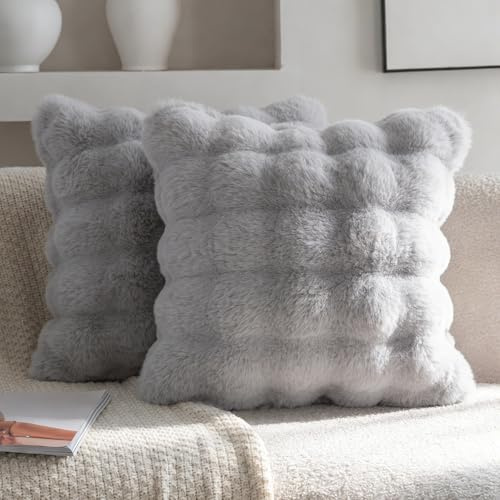 Neelvin 2er Set Decorative Kissenbezug Superweichen Plüsch Kurze Wolle Kissenhülle Luxus Zierkissenbezüge Sofakissen für Sofa Wohnzimmer Schlafzimmer 40x40cm Hellgrau