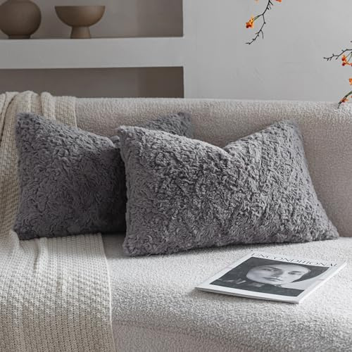 Neelvin 2er Set Kissenbezug Kunstpelz Pelz Plüsch Dekorative Kissenbezüge Sofakissen Kuschelig weich Couchkissen Dekokissen für Couch Sofa Wohnzimmer Schlafzimmer Dunkel Grau 30 x50 cm