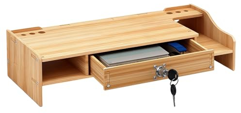 Monitor Stand Riser – Wooden Desktop Organizer, Wood Computer Monitor Riser with Drawer | Double-Layer Desktop Shelf for Laptop, Printer, PC, TV Screen | Ergonomic Stand for Home, Dorm, Office