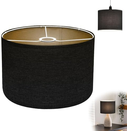 Pantalla de tela de lino, lámpara de pie de cilindro, hecha a mano para lámpara colgante, mesa, lámpara de pared, lámpara de noche, lámpara de pie, diámetro 30 cm x alto 20 cm (negro)