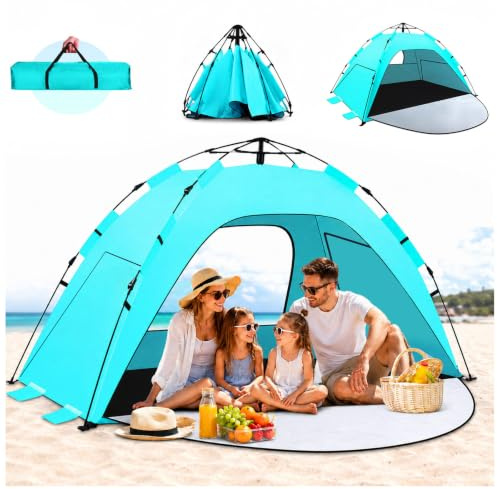 WARMTUYO Quick Up Strandmuschel, 3 Sekunde Automatisches Pop Up Strandzelt für Familie, Kein Aufbau Nötig, UV-Schutz 50+, mit 3 Erweiterbarer Veranda, Windschutz für Strand, Garten, Camping-Hellgrün