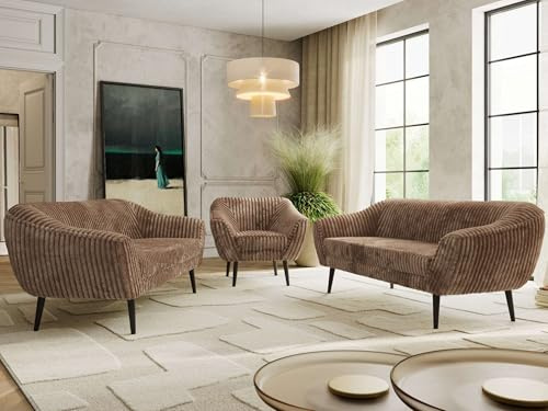 MKS MEBLE Sofagarnitur PIRS 3 + 3 + 1 - Couchgarnitur im skandinavischen Design, Gesteppte Polsterung, Wellenfederung, Wohnzimmer Sofa Set - Schwarze Beine, Braun Cord