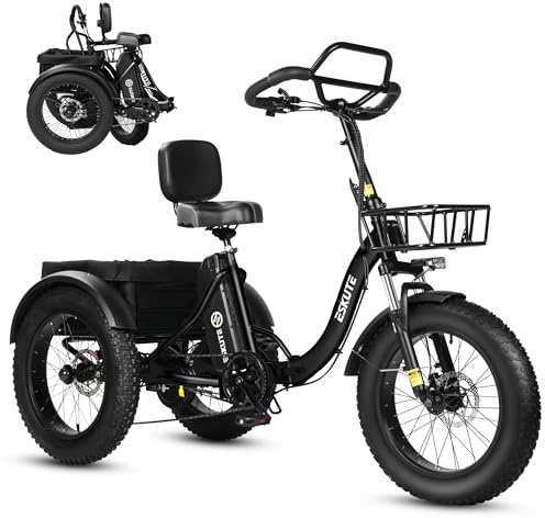 ESKUTE Triciclo eléctrico para adultos T302 Pro, Fat Bike eléctrica 20 × 4.0 plegable con batería extraíble 48 V 20,8 Ah, eBike de tres ruedas con motor de 50 Nm, cambio de 7 velocidades, autonomía