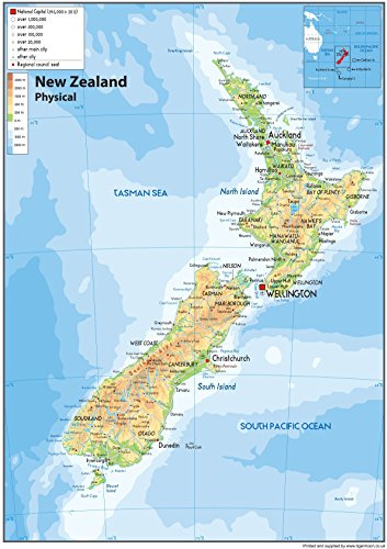 Physical Map of New Zealand - Size A0-84.1 x 118.9cm - Paper Laminated | Detailed Laminated Wall Map, Ideal For Home, Office Or Classroom Display.