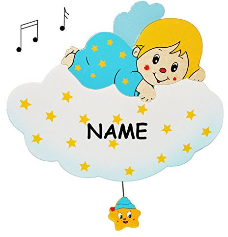 alles-meine.de GmbH Spieluhr aus massiven Holz - Blauer Engel auf Wolke incl. Name Wiegenlied - Guten Abend Gute Nacht - Musikspieluhr für Kinder mit Spielwerk - Wand/als W..