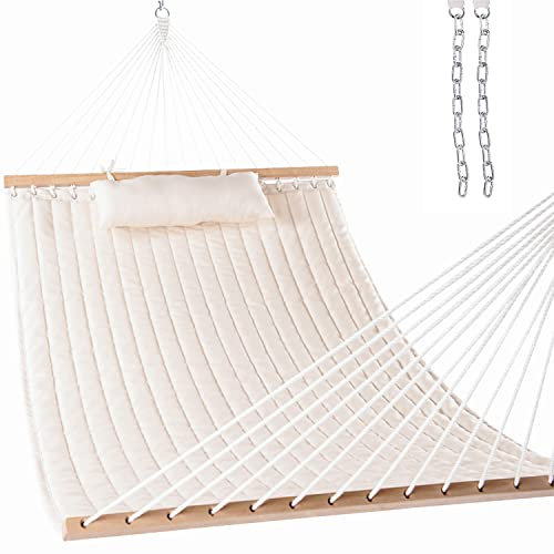 Lazy Daze Hammocks 12 FT Double Quilted Fabric Hammock with Spreader Bars and Detachable Pillow, 2 Person Hammock for Outdoor Patio Backyard Poolside, 450 LBS Weight Capacity, Natural
