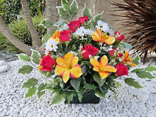 roselynexpress Composition de Fleurs artificielles, lesté Totalement Ciment en jardinière, pour cimetière. Réalisé par nos Soins, Produit apprécié dans nos Villes, Fleurs de très Bonne qualité.
