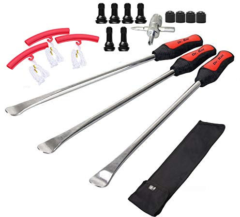 Dr.Roc 14.5 inch Perfect Leverage Tire Spoon Lever Iron Tool Kit Motorcycle Dirt Bike Lawn Mower Tire Changing Tool with Durable Bag 3xTire Spoons and 3xRim Protectors and Valve Core and Caps Set