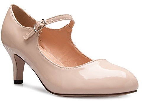 Olivia K Womens Classic Low Mid Heels Mary Jane Pumps - Adorable Round Toe Vintage Retro Shoes, Nude Patent, 5 UK