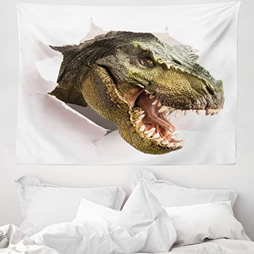 ABAKUHAUS Dinosaurier Wandteppich, Dino zerreißt Papier aus Weiches Mikrofaser Stoff Waschbar ohne Verblassen Digitaldruck, 150 x 110 cm, Armeegrün Weiß