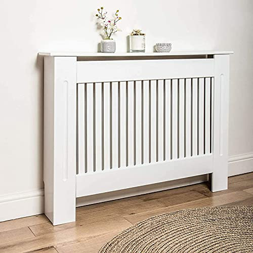 ZanGe Chelsea Radiator Cover 82 x 112 x 19cm White Painted Wood MDF Radiator Heater Cover Cabinet Vertical Grill Slatted Vent Protector Shelf Horizontal Slats for Home Office