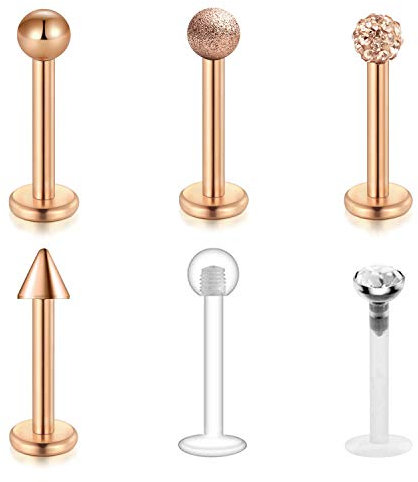 Longita 6 Stück 16G Lippenpiercing Labret Piercing Chirurgenstahl und Acryl Bioflex Piercing Tragus Helix Cartilage Ohr Piercing Retainer CZ Inlaid für Damen Herren Köperschmuck Piercing-Rose Gold