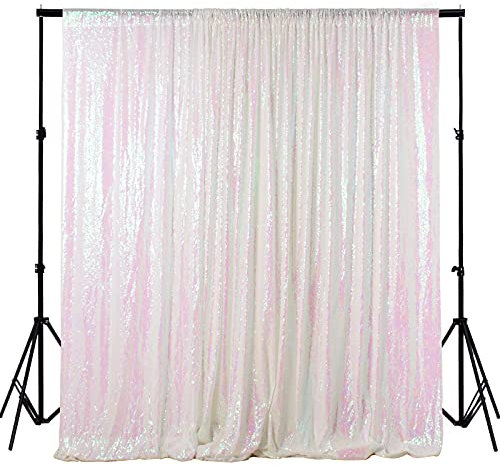 ShinyBeauty White Backdrop Curtain Wedding Shimmer Wall Backdrop Iridescent White Photo Background 7FT Long Sequin Backdrop for Photography Birthday Photo Photoshoot Events (W 125cm x L 215cm)