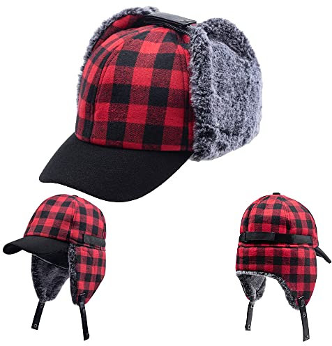 Winter Herren schottenkaro Pilotenmütze Flieger Ohrenklappen Hut Rotes schwarzes Gitter warm hat Trappermütze Bomber Cap