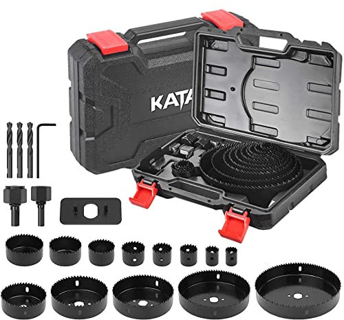 KATA Hole Saw Set 20 PCS Hole Saw Kit with 3/4-6(19-152mm) 13PCS Saw Blades,2 Mandrels,3 Drill Bits,1 Installation Plate,1 Hex Key,Ideal for Soft Wood,Plywood,Drywall,PVC