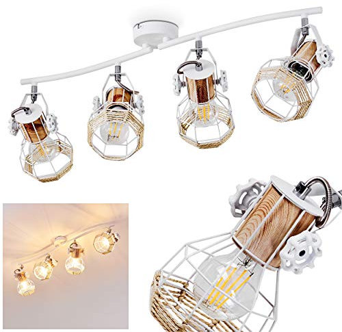 Deckenleuchte Barbacena, Deckenlampe aus Metall/Holz/Bast in Weiß/Braun, 4-flammig, 4 x E27-Fassung, verstellbarer Spot in Gitter-Optik mit Lichteffekt, ohne Leuchtmittel