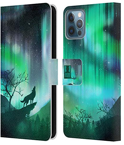 Head Case Designs Heulender Wolf Grün Nordlichter Leder-Wallet-Hülle Kompatibel mit Apple iPhone 12 / iPhone 12 Pro