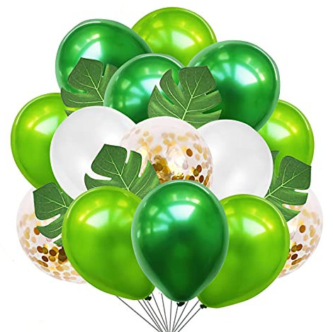Luftballons Grün Weiß Gold 50 Stück, Jungle Luftballons Dunkelgrün Hellgrün Dschungel Ballons Helium Luftballons mit 10 Stück Palmblätter für Geburtstag Hochzeit Safari Tropische Sommer Party