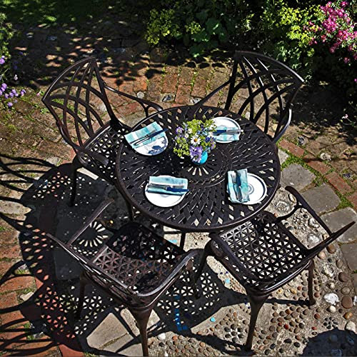 Lazy Susan 88 cm Runder Mia Gartentisch in Antik Bronze mit 4 April Stühlen und blauen Sitzkissen | Nachhaltiges Sandguss-Aluminium | Wetterfest | Rostfrei | Wartungsarm | 3 Jahre Garantie
